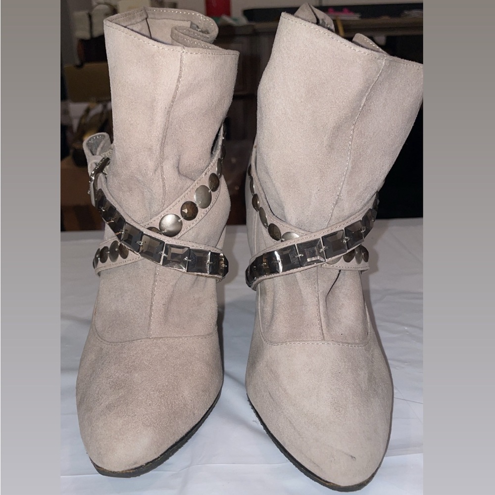 Steven By Steve Madden Genuine Leather Suede Gray Heeled Boots w Studded Straps